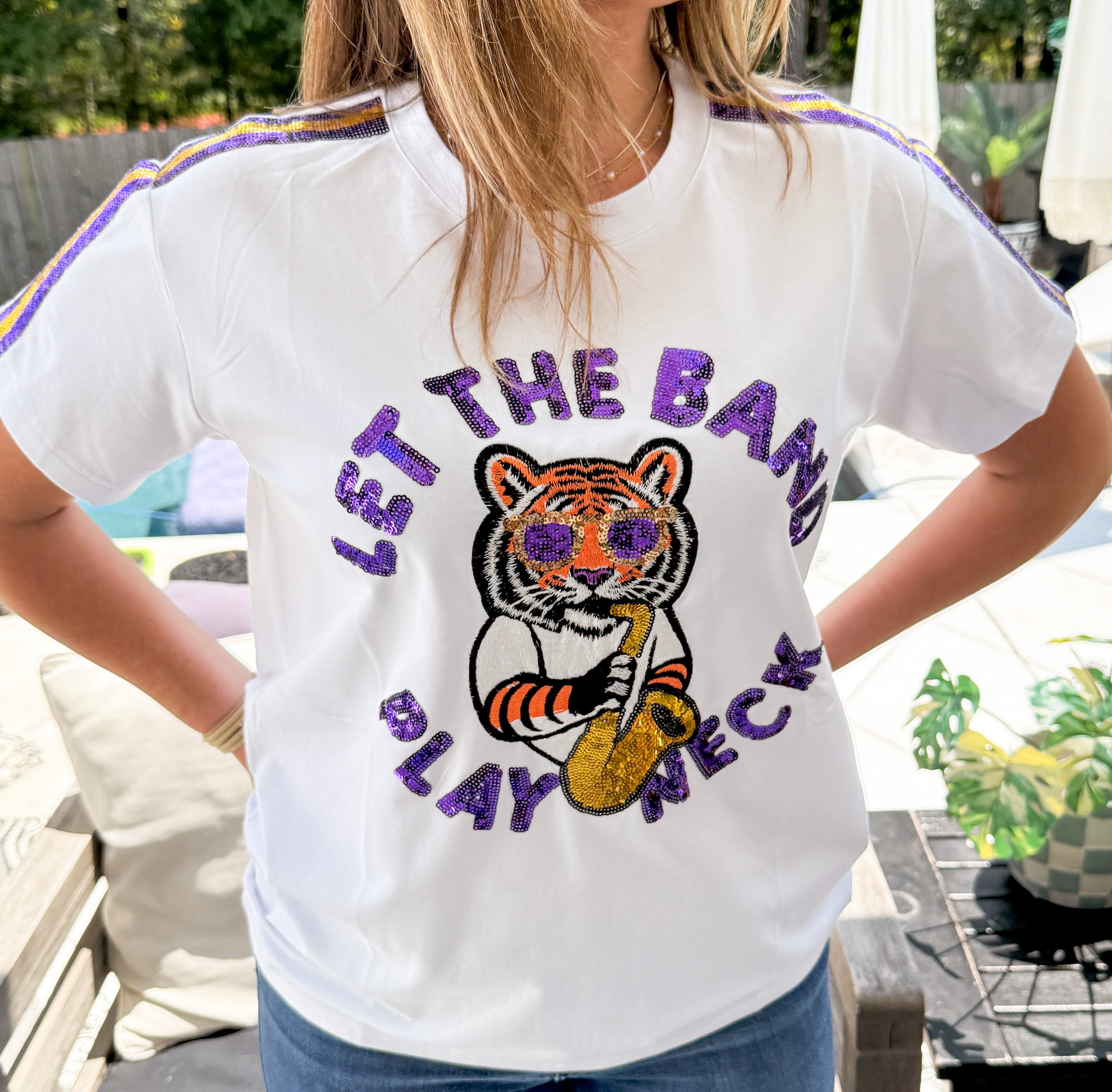 Let the Band Play Neck Sequin Tiger T-Shirt – SASH Clothing Bar Let the Band Play Neck Sequin Tiger T-Shirt – SASH Clothing Bar