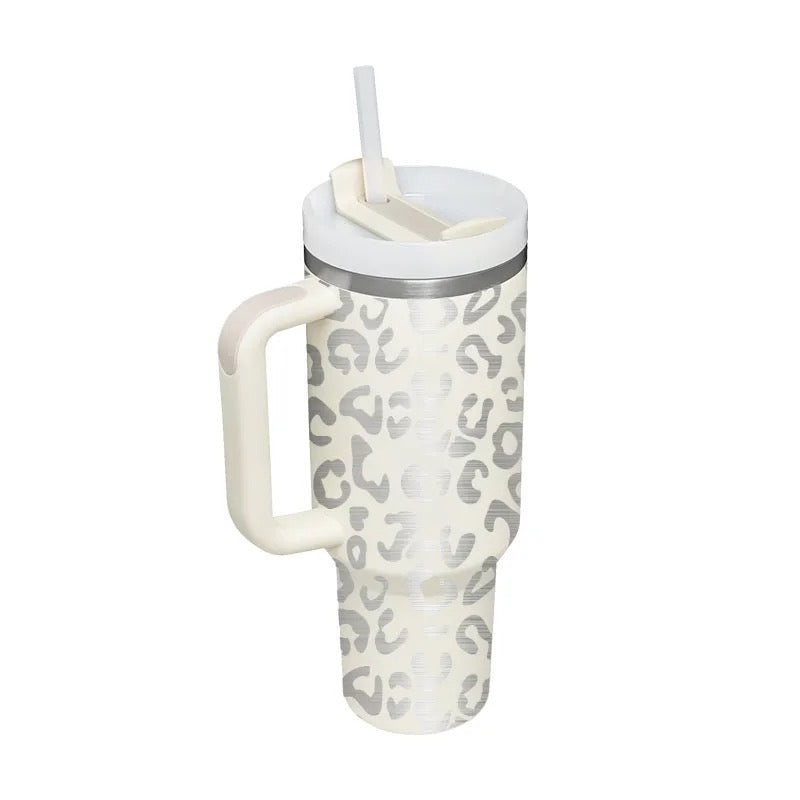 40 oz Quencher Style Tumbler with handle Cream Leopard