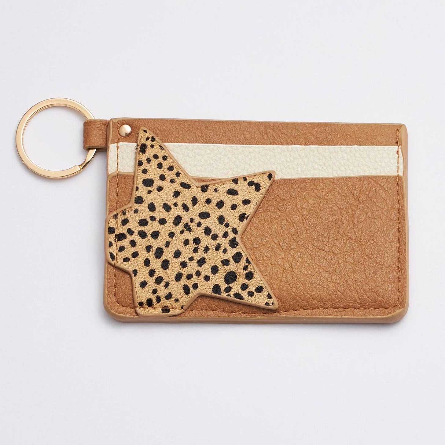 Genuine Leather Star Animal Print Card Holder Key Chain / Star Brown