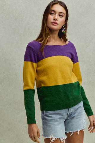 Mardi Gras Color Block Bow Sweater Top