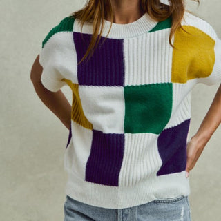 ardi Gras Check Plaid Casual Sweater Top