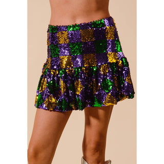 MARDI GRAS CHECKER SEQUINS MINI SKIRT -