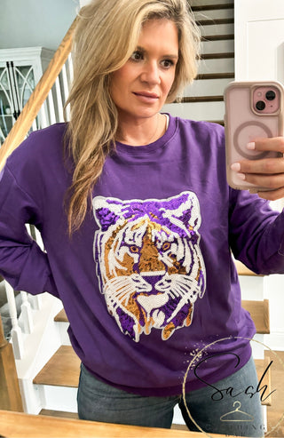 Purple Tiger Sequin Patch Sweatshirt 