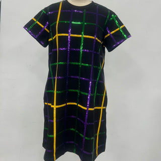 Mardi Gras Plaid Stripes Sequin T-Shirt Dress