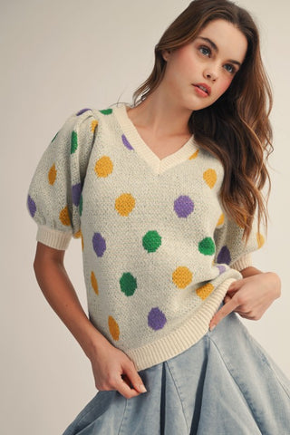 Mardi Gras Polka Dot Cream Sweater Top