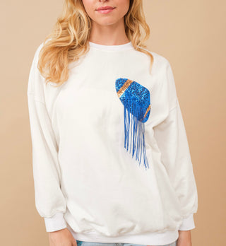 Blue Sequin Football Fringe Cozy Sweater 