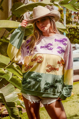 Sequin Crawfish Washed Mardi Gras Sweatshirt