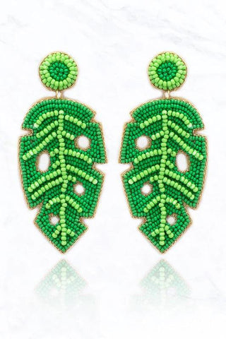 beaded monstera earrings GLBCC Beaded Tropical Leaf Dangle Earrings Boho Handmade Colorful Leaf Earrings for Women Spring Summer Hawaiian Beach Vacation Palm Leaves Dangling