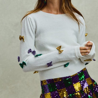 Mardi Gras Glitter Bow Ribbon Sweater Knit Top