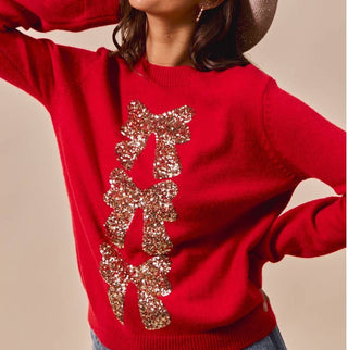 Red sequin holiday bow sweater 