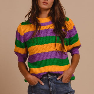 Mardi Gras Stripe Hacci Knit Half Sleeves Top