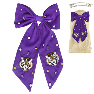 Game Day Tigers Embroidered Bow Barrette Hair Clip 