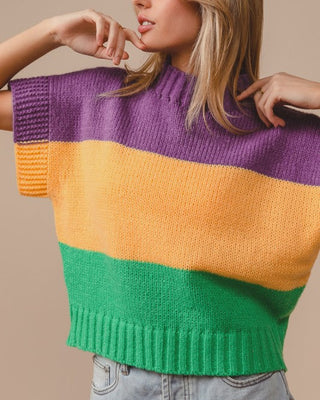 Mardi Gras Color Block Drop Shoulder Sweater Top