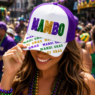 mambo sequin mardi gras trucker ht