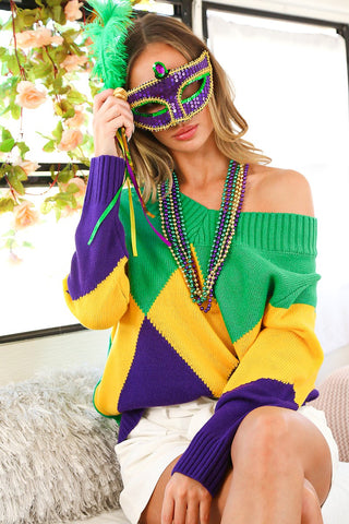 Mardi Gras Argyle Pattern Sweater