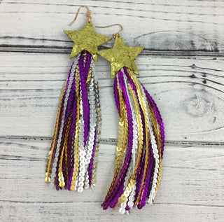 Purple & Gold Sequin Fringe Star Earrings