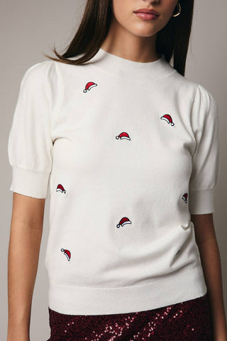 Mock Neck Santa Hat Embroidered Knit Top