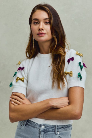 Mardi Gras Glitter Ribbon Puff Sweater Knit Top