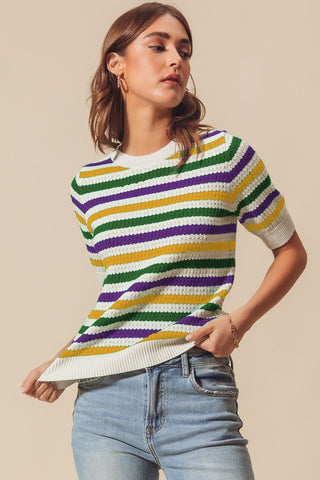 Mardi Gras Stripe Crew Neck Top