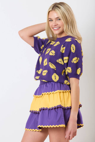 Football Embroidery Puff Purple Sweater 