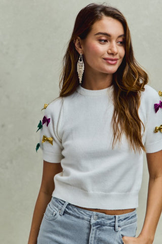 Mardi Gras Glitter Ribbon Puff Sweater Knit Top