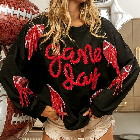 Red black football fringe game day top