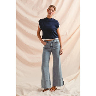 Flare bottom denim jeans with side Pearl details