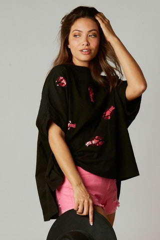 Black Crawfish Patch Sequin Top 