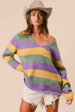 V-neck Mardi Gras Stripes Sweater