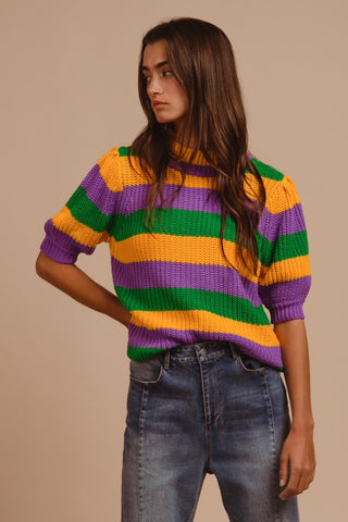 Mardi Gras Stripe Hacci Knit Half Sleeves Top