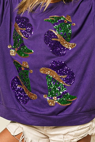 Mardi Gras Sequin Boots Pullover