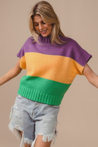 Mardi Gras Color Block Drop Shoulder Sweater Top