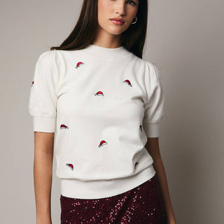 Mock Neck Half Sleeve santa Hat Embroidered Knit Top