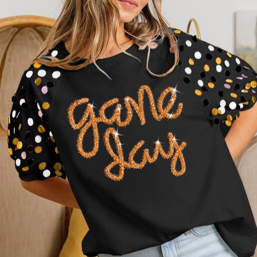 Sequin Sleeve Black Game Day Top