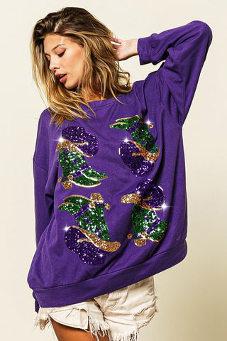 Mardi Gras Sequin Boots Pullover