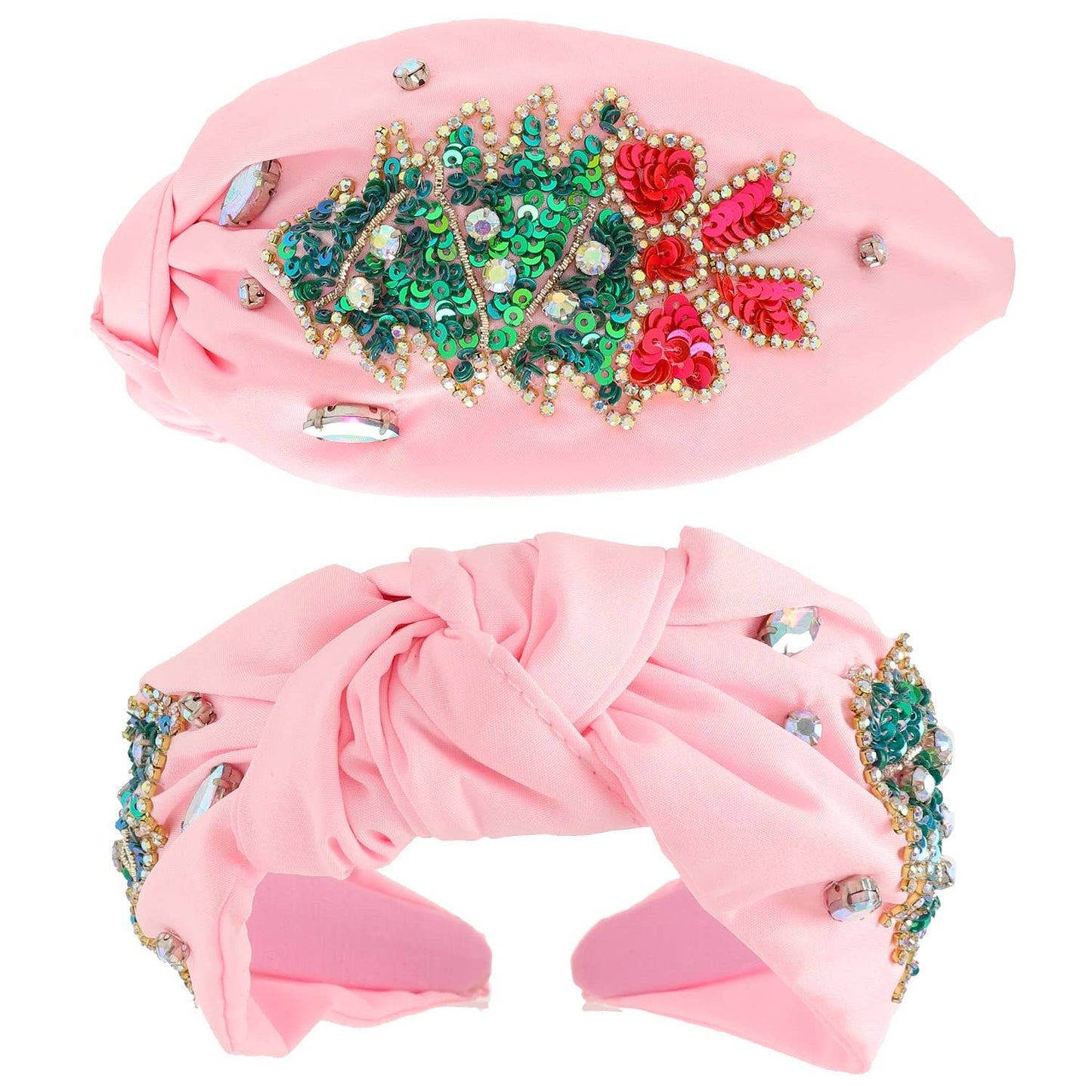 Christmas Tree Jeweled Top Knotted Headband Pink