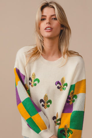 Sequin Embroidery Mardi Gras Checker Sweater Top
