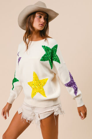 Sequin Velvet Star Patches Mardi Gras Sweate