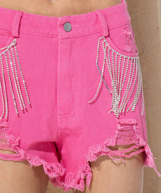 Pink Denim Fringe Rhinestone Shorts
