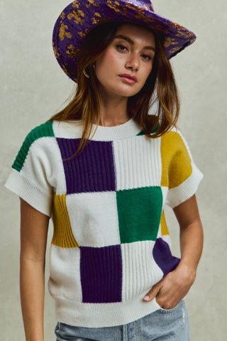 Mardi Gras Check Plaid Casual Sweater Top