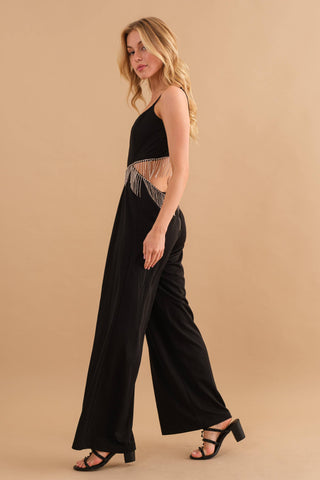 Rhinestone Fringe Cut Out Side Open Back Jumpsuit