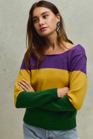 Mardi Gras Color Block Bow Sweater Top
