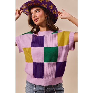 Mardi Gras Check Plaid Casual Sweater Top