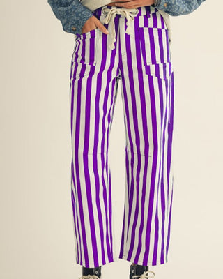 Mardi Gras Cotton Striped Pocket Rope String Pants