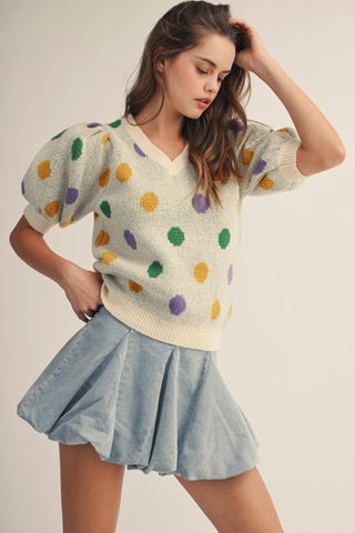 Mardi Gras Polka Dot Cream Sweater Top