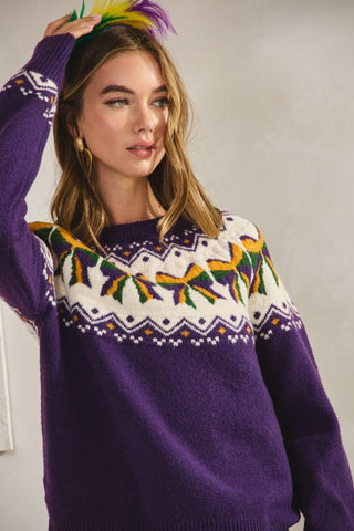 Mardi Gras Reglan Ribbon Bow Sweater