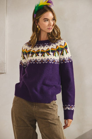 Mardi Gras Reglan Ribbon Bow Sweater
