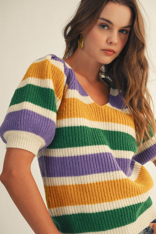 Mardi Gras Puffy Sleeves V Neck Sweater