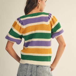 Mardi Gras Puffy Sleeves V Neck Sweater