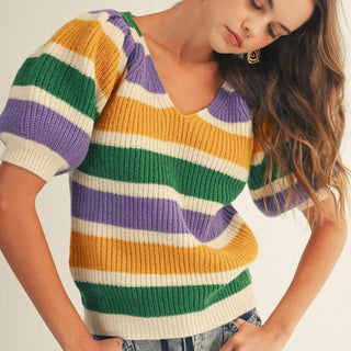 Mardi Gras Puffy Sleeves V Neck Sweater